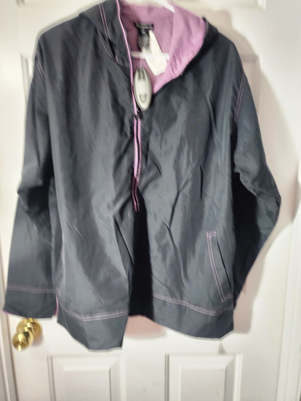 NWt - Champion Black Hooded Trench Coat with Lavender Accents Sz XL